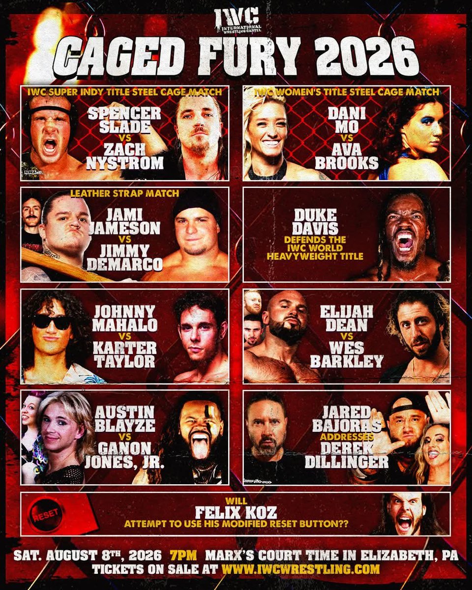 IWCwrestling's tweet photo. Our Annual Blockbuster, CAGED FURY, is this Saturday night! Headlined by two huge champions steel cage matches! 

Tickets available now at https://t.co/oaZDGqNcyU! https://t.co/fCu1NdeYUX