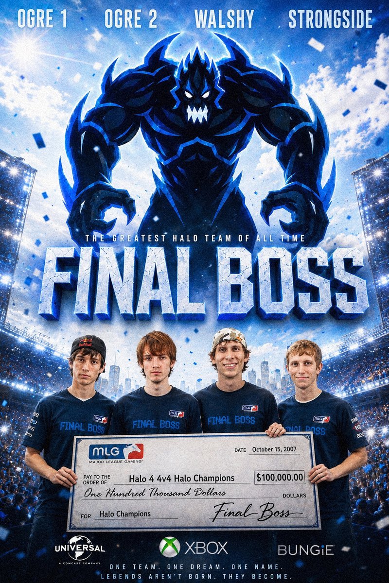 krypton_17's tweet photo. Final Boss artwork. It took me over 2 hours to complete this poster. I used my own knowledge of graphics design, prior photos that already existed from the MLG PRO scene combined with AI tools to create what you see here. Years ago I worked with a very talented European designer we knew as Zola. He inspired me to get into graphics design. I think if a movie was ever made about MLG or a Netflix style documentary. He could be a great choice to hire.