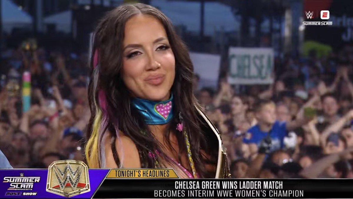 WrestlePurists's tweet photo. Chelsea Green says she is dedicating her championship win to Michael Hayes 💀

(WWE SummerSlam Post-Show) https://t.co/mn2Un46dZW