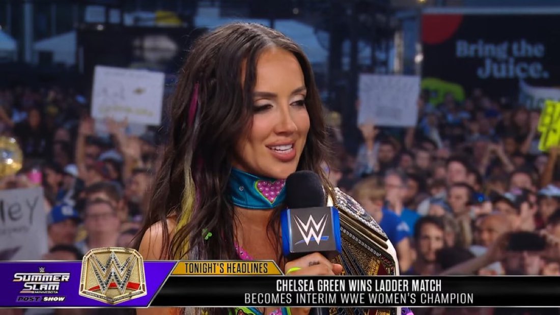 WrestlePurists's tweet photo. “When Triple H hugged me, I was like, ‘This is 13 years in the making and how many times did you guys fire me?’”

- Interim WWE Women’s Champion Chelsea Green

(WWE SummerSlam Post-Show) https://t.co/iCiMI8NoiN
