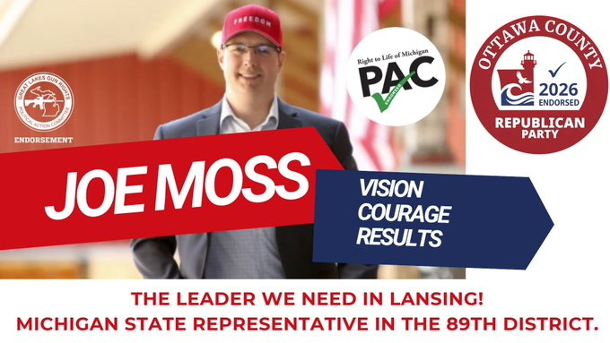 CitizenMe2026's tweet photo. MI House of Rep #District89 #JoeMoss #OttawaCounty & #MuskegonCountyFamily + Freedom! He led a HUGE expansion of OC Veterans' Dept + removed DEI dept. He's helping Blendon Twp fight Lansing & the German lithium battery storage. And fighting solar panels in Zeeland. Vote August 4 https://t.co/S7AbFOeom0