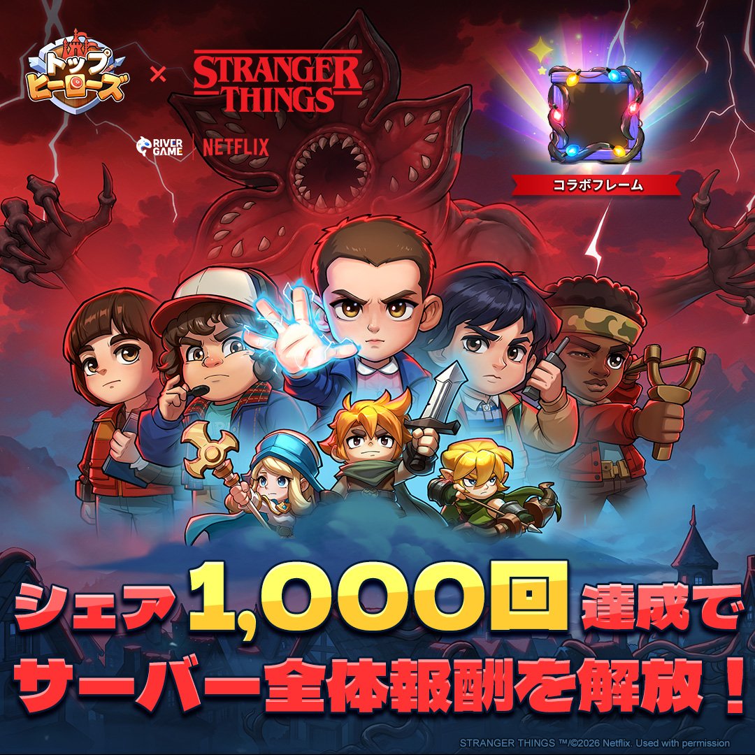 TopHeroesJP's tweet photo. 🎬 『ストレンジャー・シングス』×『トップヒーローズ』コラボ Facebookシェアイベント！

🥳 謎に包まれたコラボがまもなく登場！
領主様みんなで力を合わせて、特別報酬を解放しましょう！

🎁 コミュニティに参加して、この投稿をシェアすると、
コラボ限定アバターフレームをみんなでゲットできます！

👉 1,000シェア達成すると
サー��ー全員に「コラボ限定フレーム」をプレゼント！
👉 その後、500シェア達成ごとに
さらに追加のサーバー報酬を解放します！
✅ 今すぐシェアして、みんなで報酬解放を目指しましょう！

📅 イベント期間：8月3日～9月30日

⚠️ イベントについて
本イベントは、領主様同士の交流を目的とした『トプヒロ』コミュニティイベントです。

👉 Facebookでイベントに参加しましょう！
https://t.co/QZL485R1VN

#コラボイベント
#コラボ
#トップヒーローズ
#トプヒロ