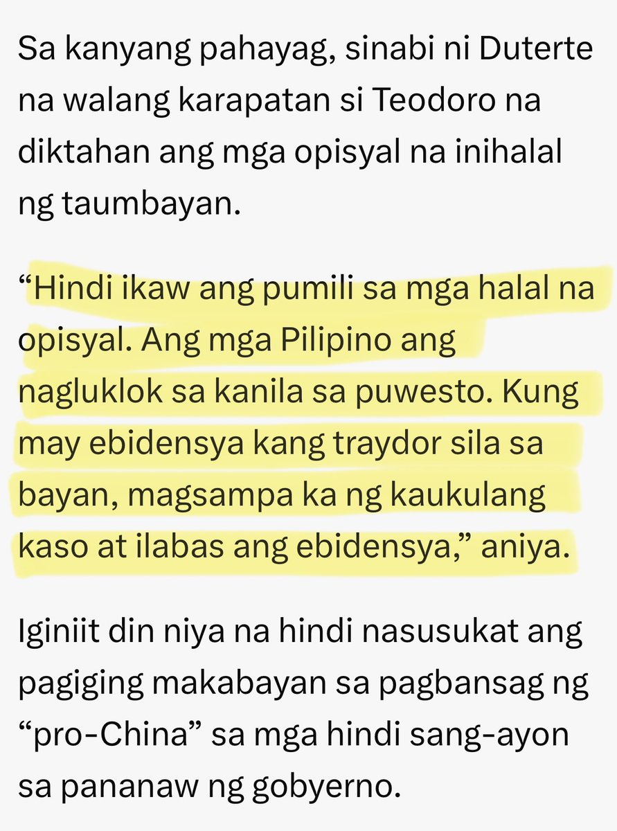 imtheatan's tweet photo. What? Hindi gets ni Paolo Duterte ang salitang "resignโ?
Ang sabi ni Sec. Gibo Teodoro, mag-resign dapat ang mga pro-China officials.
Sagot ni Pulong ay binoto raw sila ng taumbayan at kung may evidence ng disloyalty ay sampahan ng kaso.
Huh? Ang public official mismo ang magbibitiw sa pwesto kung may delicadeza sila. Pero kung wala, eh si huwag mag-resign! Hindi naman sinasabing tatanggalin sa pwesto!
Dapat ang mga low comprehension public officials kagaya ni Pulong ang mag-resign din dahil nakakahiya na example sa mga constituents nya.