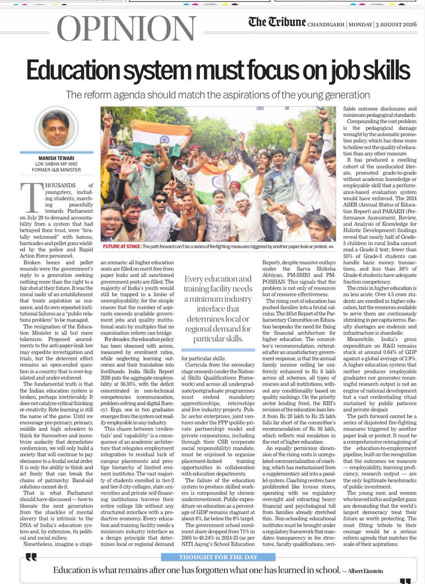 ManishTewari's tweet photo. India’s education system is broken perhaps irretrievably: 

Band Aid Solutions will no longer work. 

The entire education paradigm needs to be reengineered bottoms up and  it needs to be done now. 

One ritualistic Parliamentary debate will not fix it . 

My Take : 

https://t.co/DYkNWmqEKU