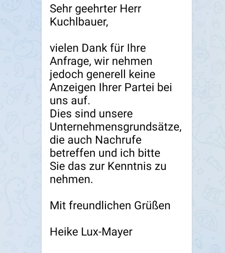 GFreiNews's tweet photo. Der Stadtrat Paul Traxl (AfD) in Augsburg ist im Alter von 78 Jahren verstorben.  

Die Augsburger Allgemeine weigert sich, eine Traueranzeige aufzunehmen, wirft ihm aber sofort posthum Dreck hinterher.  

(aus dem TG-Kanal Bayerische Alternative)

https://t.co/9fW6HLPzmu https://t.co/ANwb6PWWfx