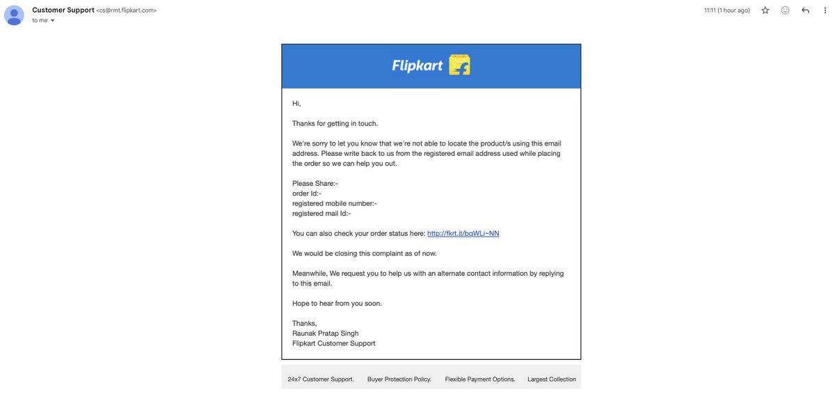 CCardClarity's tweet photo. 🚨 FLIPKART BATTLE: UPDATE #9 🚨

Guys, after we submitted a consolidated master file of 90+ verified victims facing arbitrary post-shipping order cancellations, look at the brilliant revert from Fakekart / @Flipkart! 🤡

Even after receiving data for 90+ affected buyers, their customer support agent (Raunak Pratap) sends a copy-pasted, canned bot response asking for a single order ID! Absolute disrespect for consumer rights and unfair trade practices. 📉

📩 SEE OUR STRICT REPLY MAIL ATTACHED (Pic 2): 

We have clearly called out their deflection tactics and issued an absolute FINAL ULTIMATUM: 

👉 Escalate this to the Nodal / Grievance Officer immediately, or face a formal Consumer Court Case & NCH Escalation on 5th August! ⚖️

We are NOT backing down. If your order was cancelled post-shipping too, join our joint complaint now: 👇
https://t.co/e5DFqp6WKy

🔄 RT & Amplification Needed! Big tech creators & consumer bodies, please look into this systematic cancellation issue affecting hundreds:

@Flipkart 
@flipkartsupport 
CEO of Fakekart - @_Kalyan_K 
@binnybansal
@lubnaahmed
@sarah_gideon
@FlipkartStories
@WalmartWorld
@jagograhakjago
@consaff
@GyanTherapy
@TechnicalGuruji
@TrakinTech
@ManojSaru
@ShokeenSanchit
@tech_burner
@TechWiser
@praaatiiik 

#ConsumerRights #CardClarity #CCGeeks