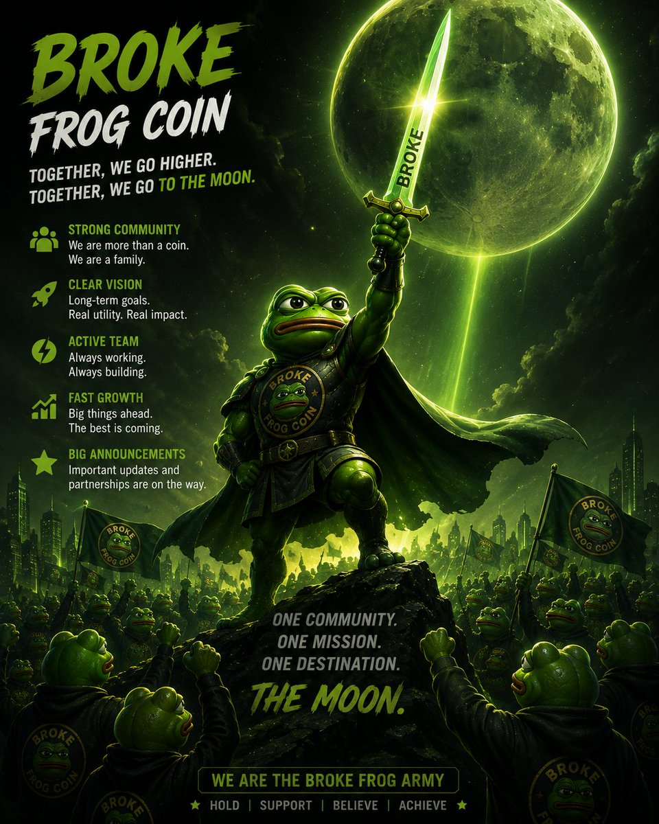 BrokeFrogcoin's tweet photo. The sword is raised. 🐸⚔️🌕
The BROKE FROG ARMY is standing together.
We are more than just a coin — we are a community with a vision, a mission, and a long-term goal. 💚
Our team is active, focused, and building every day. We believe in growing together, supporting each other, and creating something that lasts.
One community.
One mission.
One destination.
🌕 THE MOON.
BROKE FROG COIN — together, we go higher. 🚀🐸
Hold. Support. Believe. Achieve. 💚
#BROKE #BROKEFROG #BROKEFROGCOIN #BROKEARMY #ToTheMoon