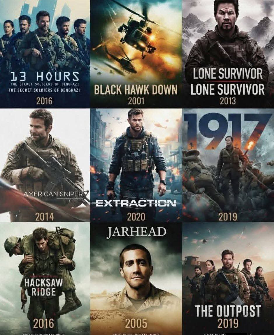 jackofficial_01's tweet photo. 🎬INTENSE TRUE WAR & TACTICAL SURVIVAL MASTERPIECES .

1. 13 Hours: The Secret Soldiers of Benghazi (2016) | Action/Drama |  IMDb: 7.3/10.

   OTT: Varies by region
   ●Story: Based on harrowing real events, a six-man security team of former elite soldiers fights a desperate, multi-hour battle to defend an American diplomatic compound in Libya against waves of heavily armed attackers on the anniversary of September 11.

 2. Black Hawk Down (2001) | Action/Drama |  IMDb: 7.7/10
   OTT: Varies by region
   ●Story: Chronicling the disastrous 1993 U.S. military raid in Mogadishu, Somalia, an elite group of Army Rangers and Delta Force operators find themselves cut off and fighting for their lives against overwhelming Somali militia forces after two Black Hawk helicopters are shot down.

 3. Lone Survivor (2013) | Action/Biography | ⭐ IMDb: 7.5/10
   OTT: Varies by region
   ●Story: Based on a true Navy SEAL mission in Afghanistan, a four-man reconnaissance team tasked with capturing a Taliban leader is ambushed in the rugged mountains, forcing them into a brutal, desperate struggle for survival against insurmountable odds.

 4. American Sniper (2014) | Action/Biography | IMDb: 7.3/10
   OTT: Varies by region
   ●Story: The biographical account of U.S. Navy SEAL Chris Kyle, whose pinpoint accuracy saves countless lives on the battlefield in Iraq, making him a legendary legend while deeply testing his psyche and his relationship with his family back home.

 5.Extraction (2020) | Action/Thriller | IMDb: 6.7/10
   OTT: Netflix
   ●Story: A fearless black-market mercenary with nothing to lose is hired to rescue the kidnapped son of an imprisoned international crime lord, plunging him into a chaotic and deadly mission across the murky underworld of Dhaka.

 6. 1917 (2019) | Action/Drama | IMDb: 8.2/10
   OTT: Varies by region
  ● Story: Filmed to look like a continuous, unbroken single take, two young British soldiers during World War I are given an impossible mission: cross enemy territory to deliver a cancelled attack order that will save 1,600 men from a deadly ambush.

 7.Hacksaw Ridge (2016) | Biography/Drama |  IMDb: 8.1/10
   OTT: Varies by region
   ●Story: The extraordinary true story of Desmond Doss, a conscientious objector who served as an American Army combat medic during World War II and became the first man in history to win the Medal of Honor without firing a single shot, saving dozens of lives during the brutal battle of Okinawa.

 8.Jarhead (2005) | Action/Biography | IMDb: 7.0/10
   OTT: Varies by region

   ●Story: A gripping look at the Persian Gulf War through the eyes of a U.S. Marine sniper, capturing the intense psychological strain, grueling boredom, and harsh realities of modern warfare before troops ever pull the trigger.

 9.The Outpost (2019) | Action/Drama |  IMDb: 6.8/10
   OTT: Varies by region
   ●Story: Based on the true story of the Battle of Kamdesh, a small unit of U.S. soldiers stationed at one of the most dangerous combat outposts in Afghanistan fights for survival against an overwhelming surprise attack by hundreds of Taliban fighters.

👇 Which movie is your favorite? Let us know in the comments!