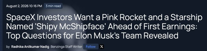 AxTrades32's tweet photo. this coin was released earlier today hours before the news even came out... 

SpaceX investors want a pink rocket and starship named "Shipy McShipface" solana:3anzRVkaLmsrF84pTPS6co9EvJFio2X3zf3nHVTmpump 

ARrmtjMTj1Ri1JEKGHvRqVmNAg9ABWg1Lq2MpQwLpump https://t.co/YKwCv75LWR
