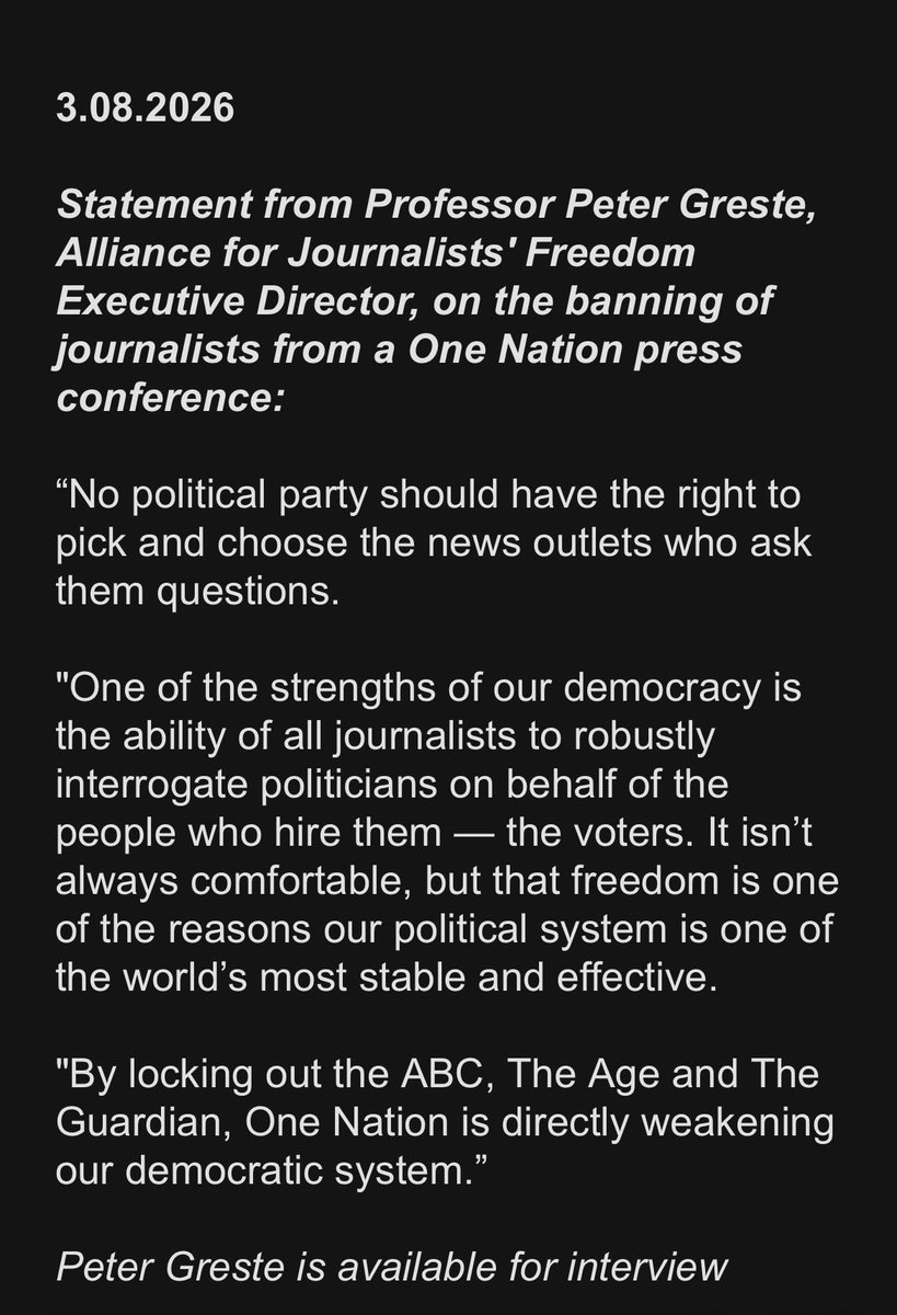 hughriminton's tweet photo. In seeking to chose which outlets will ask her questions, Pauline Hanson’s One Nation is “weakening democracy” says Peter Greste. https://t.co/G9AcwCkbMy