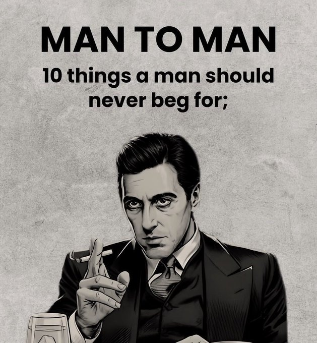 Masculine_print's tweet photo. 10 Things a Man Should Never Beg For.

(Desperation kills attraction)

~Thread~ https://t.co/Yj9eeL6kjD