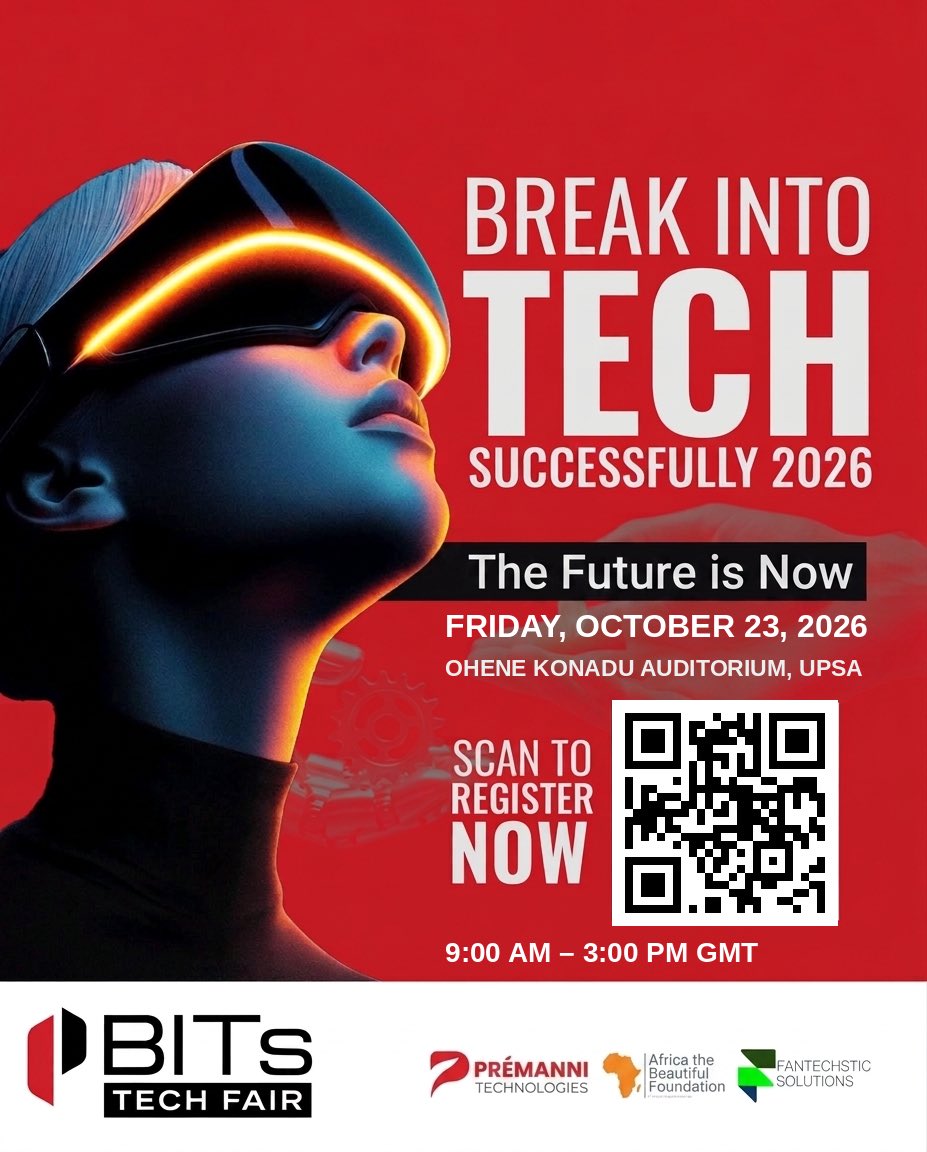 BITsTechFair's tweet photo. BITs Tech Fair 2026 — 23rd October, 2026 at the Ohene Konadu Auditorium-UPSA.
Grab your tickets now 👉🏾  https://t.co/y3RbMAJWTl 
FREE for all currently enrolled students. 

REGISTER FOR WORKSHOPS as add-on  when on the page. 🚀 https://t.co/eGt6qdiL2A