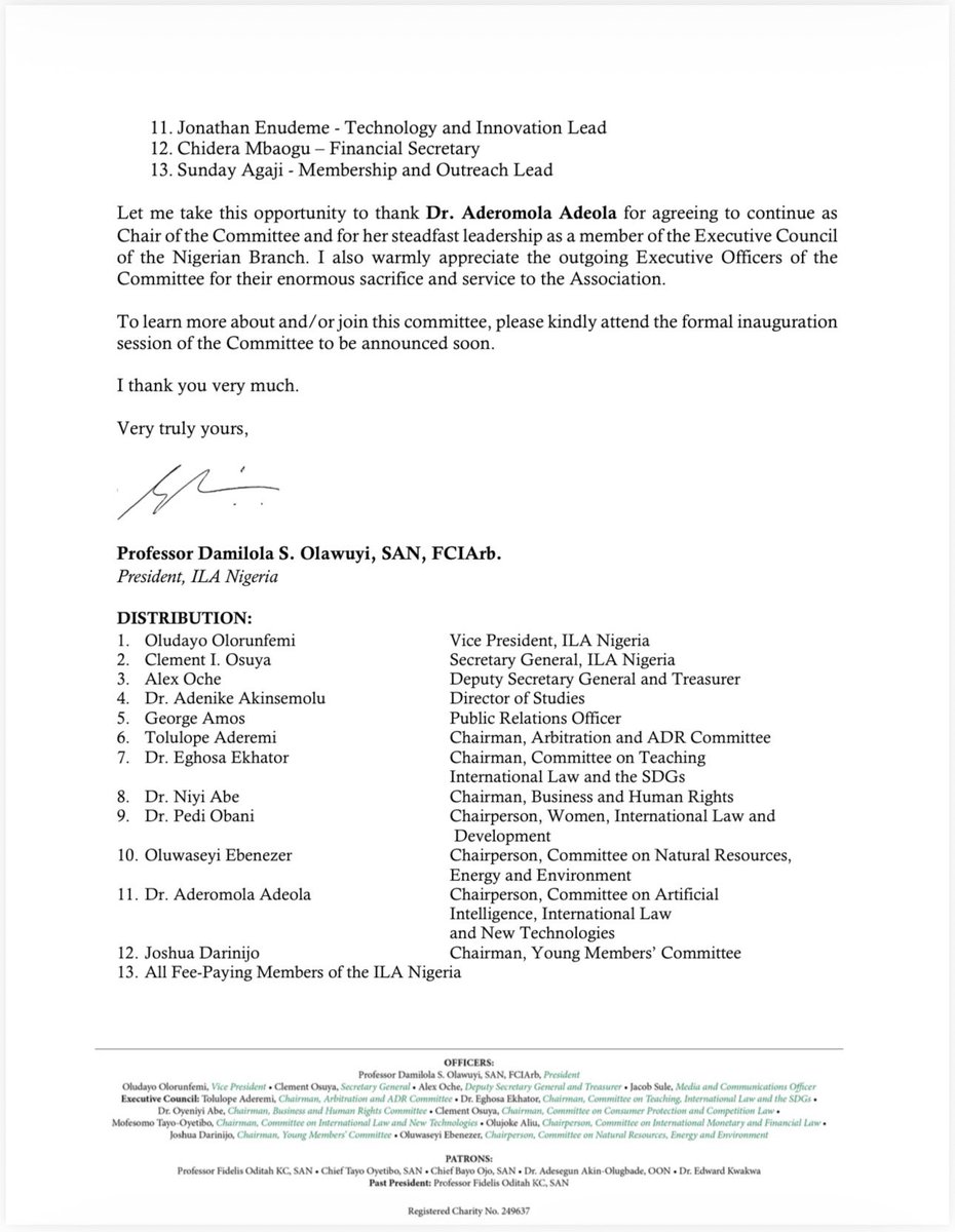 Nigeria_ILA's tweet photo. ILA President, Prof. @dsolawuyi Reconstitutes Committee on Artificial Intelligence, International Law and New Technologies @ila_aitechlaw, reappoints Dr. Aderomola Adeola @aderommie as Chair.

The @ila_aitechlaw has been constituted under the leadership of its Chair, Dr. Aderomola Adeola.

Congratulations to all members of the newly constituted executive of the Committee: Ozioma Soludo @beesoludo (Vice Chairperson), Peculiar Orilade, Prof. Jake Effoduh @effodu, Dr. Izuoma Egeruoh-Adindu, Dr. Oluwatobilola Moody, Marx Ikongbeh, Omowonuola Bamigboye, David Ekanem, Stephen Agada, Jonathan Enudeme, Chidera Mbaogu, Sunday Agaji 

#ai #newtechnology #law #development #internationallaw