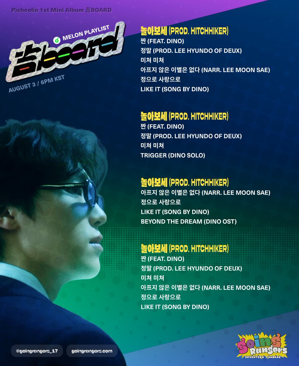 _TeamDINO's tweet photo. [🍈 MELON STREAMING PLAYLIST]

CARATs! DINONARAs!
Check out this Melon streaming playlist, specially curated to help support the comeback. You can start using it as soon as the album drops!

📌Before adding these songs, please make sure to clear your current playlist for the best streaming experience.

@pledis_17 #피철인 #Picheolin #DINO #디노 #吉BOARD #길보드