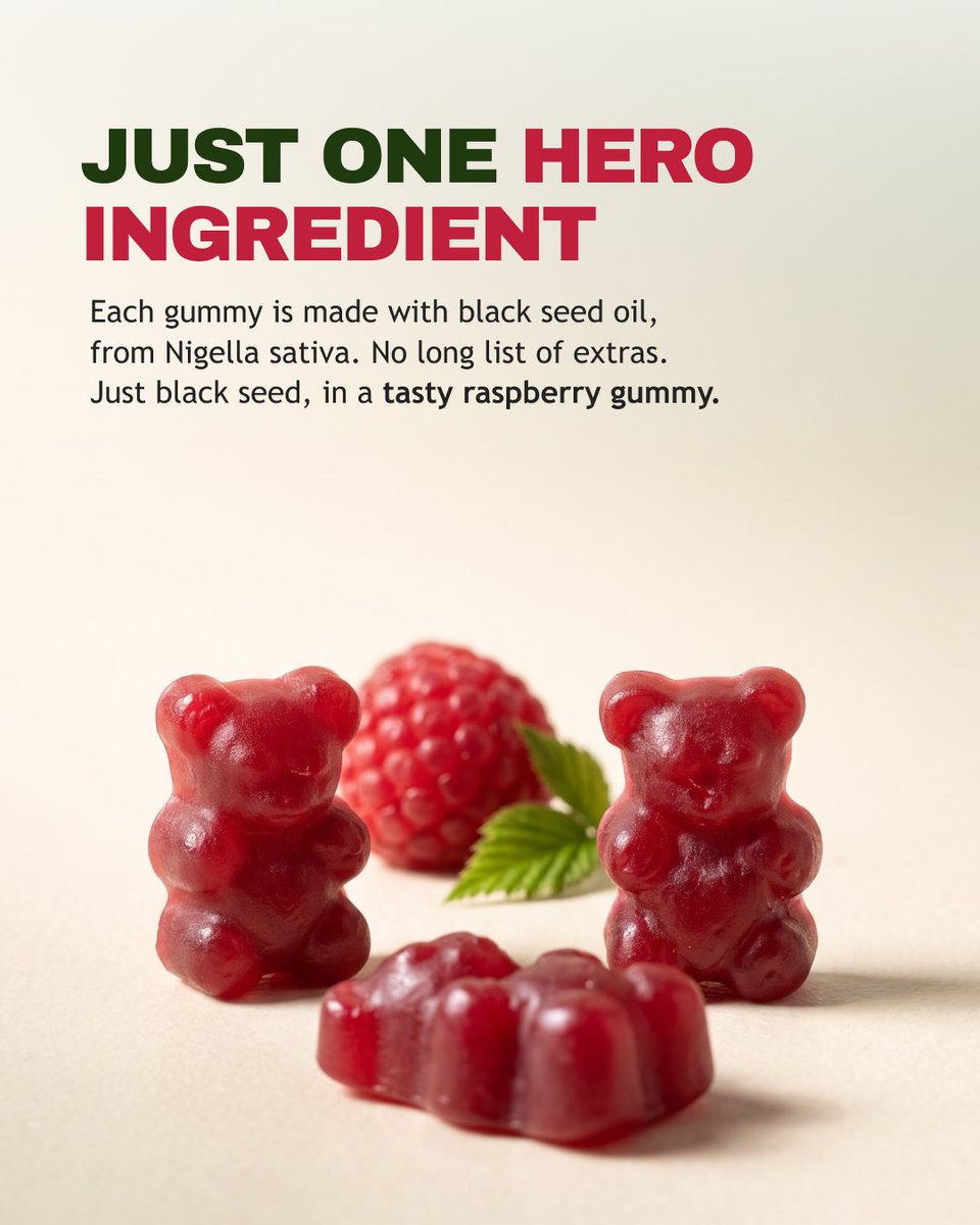 Inayanutrition's tweet photo. Ever wondered what is really in a black seed gummy? Ours keep it simple.
Each one is made with black seed oil from Nigella sativa, the little seed valued in wellness traditions for generations.
Two gummies a day, raspberry flavour, vegan and no gelatin. Made to be easy for the whole family.
Swipe to see what is inside, then tap the link in our bio.
#blackseedoilgummies #blackseedoil #dailywellness #InayaNutrition #Halalvitamins