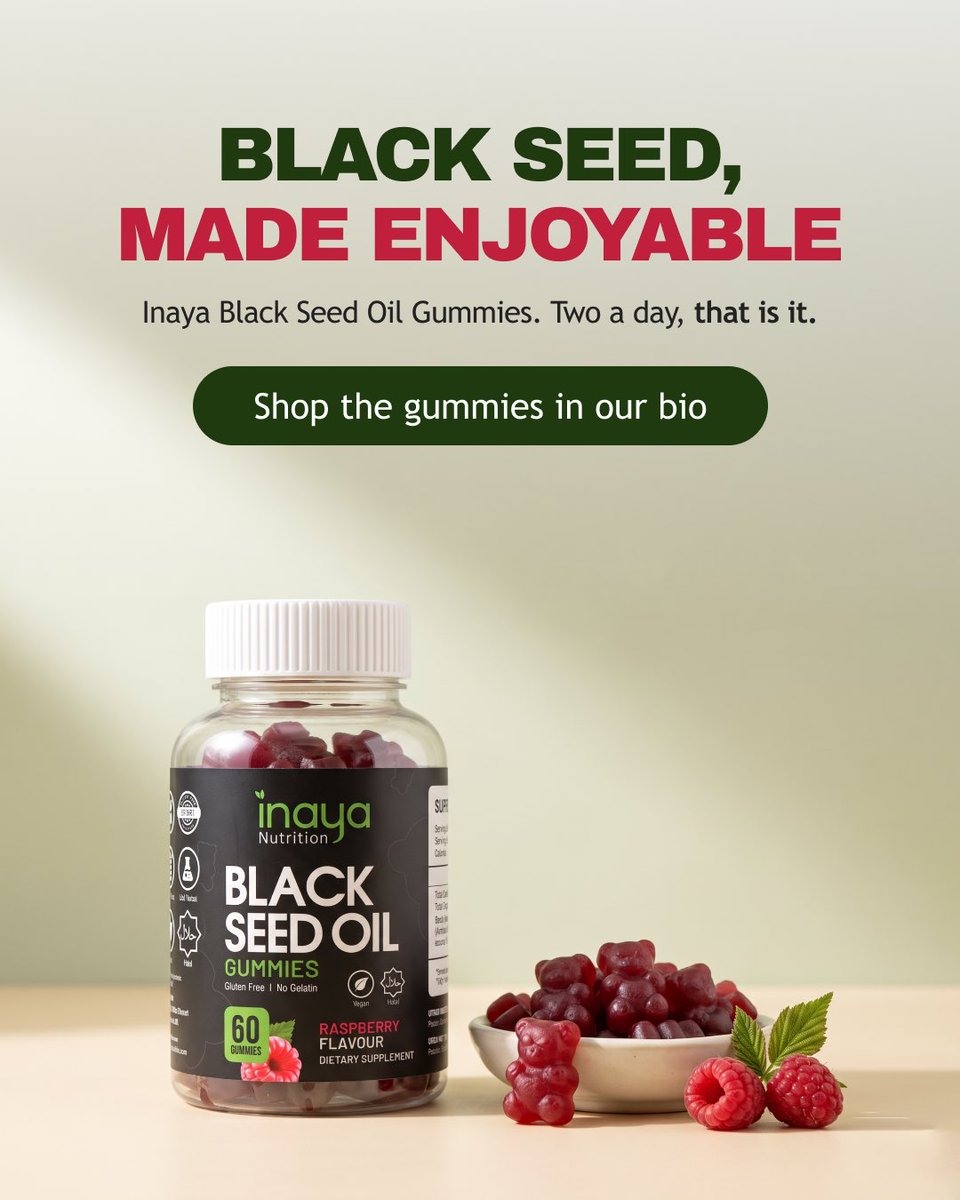 Inayanutrition's tweet photo. Ever wondered what is really in a black seed gummy? Ours keep it simple.
Each one is made with black seed oil from Nigella sativa, the little seed valued in wellness traditions for generations.
Two gummies a day, raspberry flavour, vegan and no gelatin. Made to be easy for the whole family.
Swipe to see what is inside, then tap the link in our bio.
#blackseedoilgummies #blackseedoil #dailywellness #InayaNutrition #Halalvitamins