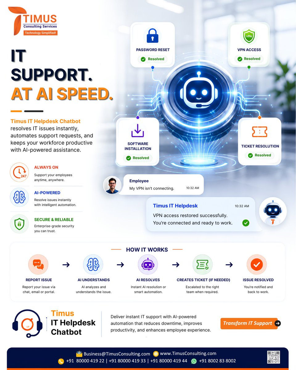 TimusServices's tweet photo. IT support at AI speed.

Timus IT Helpdesk Chatbot delivers 24×7 AI-powered support and resolves issues faster.

Smarter support. Less downtime. Better productivity.

Book your demo: https://t.co/FrDAsItVgg

#AI #ITHelpdesk #EnterpriseAI #TimusConsultingServices https://t.co/dMEhWkbFSC
