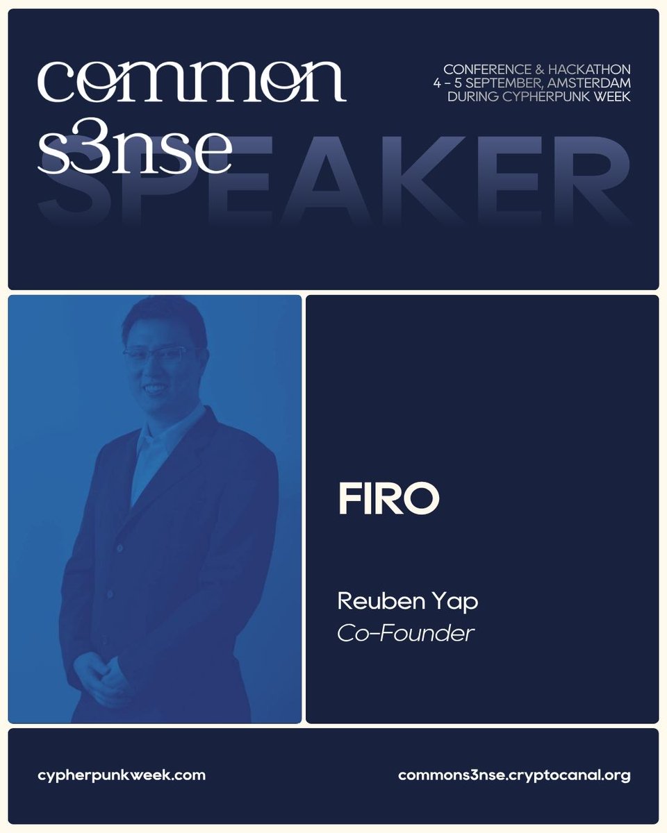 CryptoCanal's tweet photo. Building privacy tech since 2007 — before most of crypto knew it needed it.

@reubenyap, Project Steward of @firoorg, has spent nearly two decades building privacy protocols, from zero-knowledge proofs to privacy-preserving e-voting used in real elections. He's joining the Common S3nse stage.

Privacy • Security • DeFi
📍 Amsterdam
📅 September 4-5 (during Cypherpunk Week)

🦦 Privacy is Common S3nse 👉 https://t.co/INPLb3AJQj  
🐈‍⬛ Cypherpunk Week 👉 https://t.co/x6KepIF9l7
