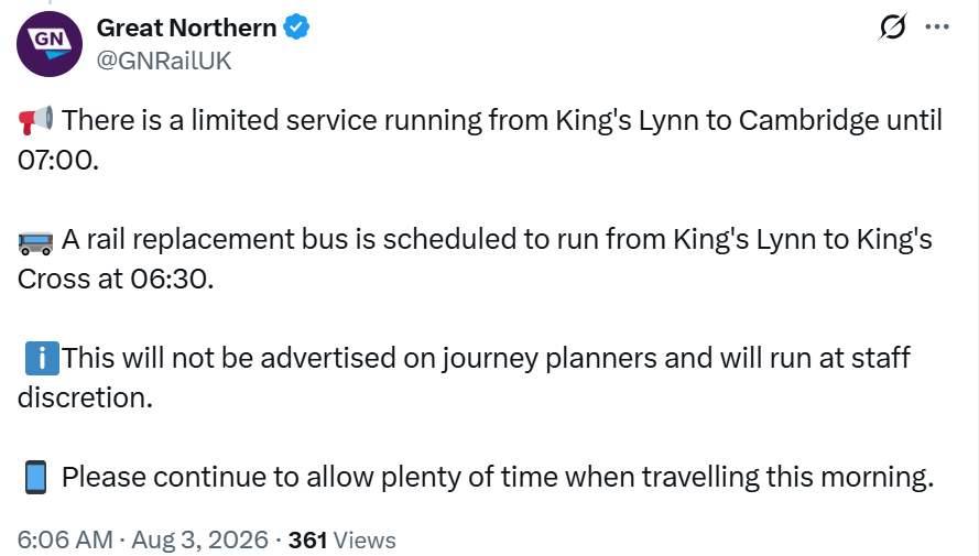 FenLineUsers's tweet photo. Not a good start to Monday.  It looks like trains are now running but with a shuttle service all day from King's Lynn to Cambridge and then a Thameslink service to St. Pancras for those heading to London.... 😐 https://t.co/A9tMMk65nR