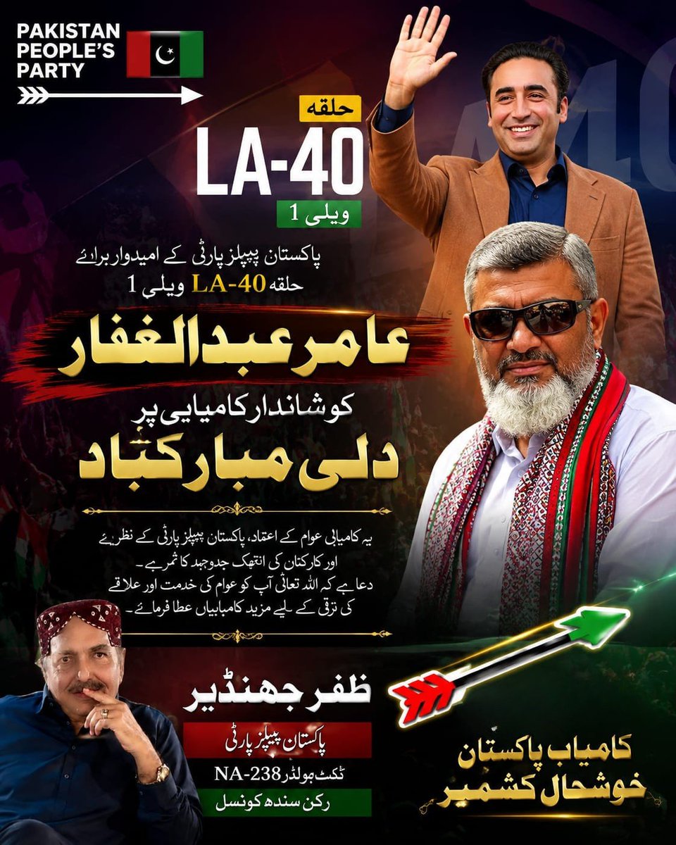 ZafarNA238's tweet photo. حلقہ LA-40 ویلی 1 سے پاکستان پیپلز پارٹی کے امیدوار عامر عبدالغفار کو شاندار کامیابی پر دلی مبارکباد۔ عوام کے اعتماد پر پورا اتریں، یہی دعا ہے۔
— ظفر جھنڈیر
#PPP #AamirAbdulGhaffar #LA40 #AJKElections #Teer https://t.co/XinEQmuEhW