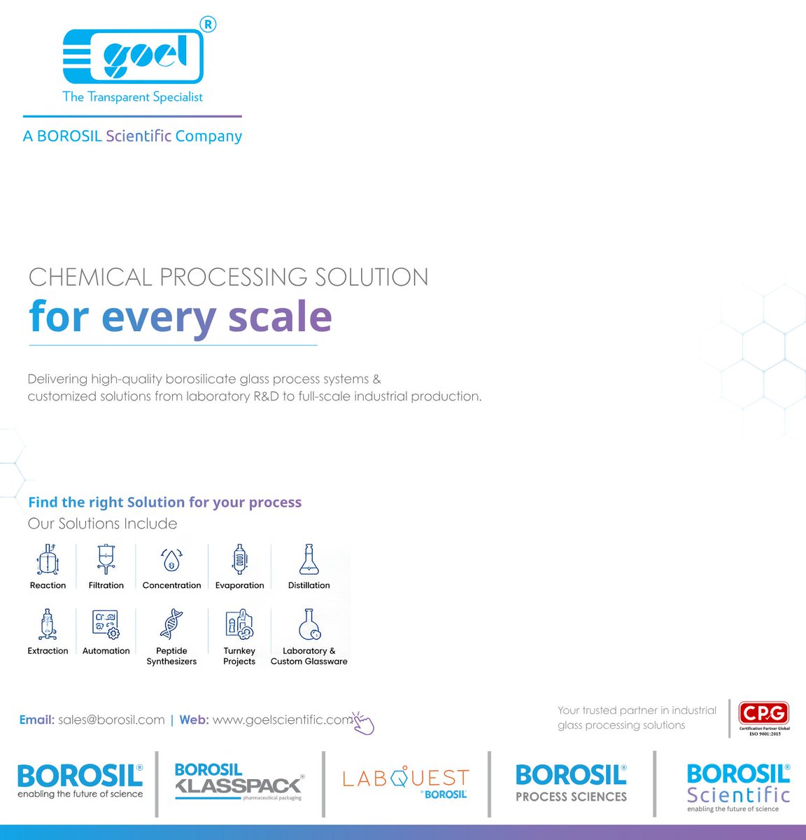 gsgwl's tweet photo. Need top-notch #ChemicalProcessing solutions? With 49+ years of expertise, #GoelScientific delivers precision-engineered #BorosilicateGlass 3.3 process systems for Laboratory R&amp;D, #PilotPlant, and Full-Scale Production. 🌐 https://t.co/GeTCTuS1Ef | 📧 Sale@borosil.com https://t.co/j8UkqPx9k5