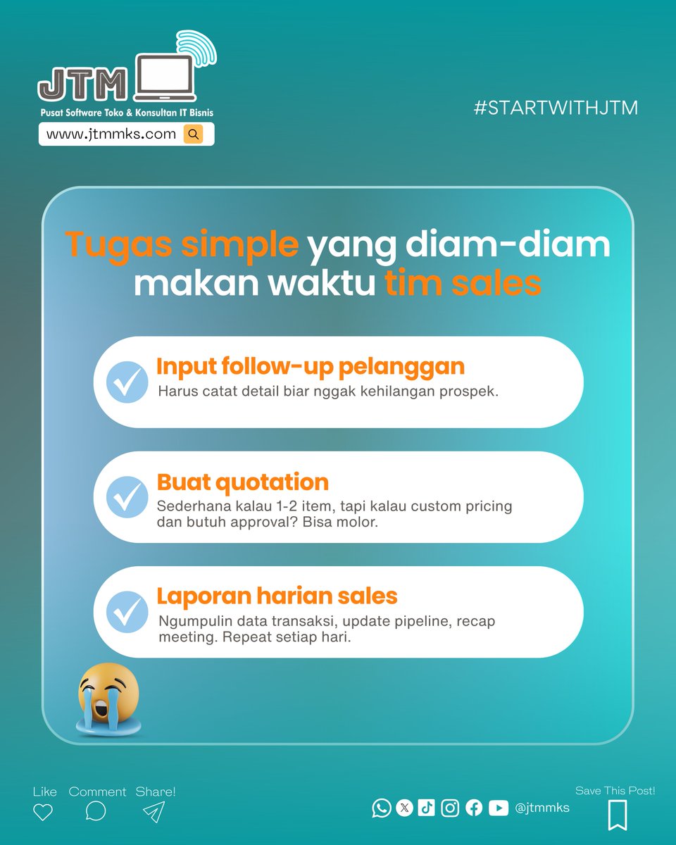 jtmsoftware's tweet photo. Sederhana, tapi bisa makan waktu berhari-hari? Tim finance, sales, dan gudang pasti relate banget 😅

Pekerjaan administratif itu sering “kelihatannya gampang”, tapi pas dikerjakan banyak data yang harus cocok dan butuh approval. Sialnya, kalau masih pakai sistem manual. https://t.co/pCT2h02lOB