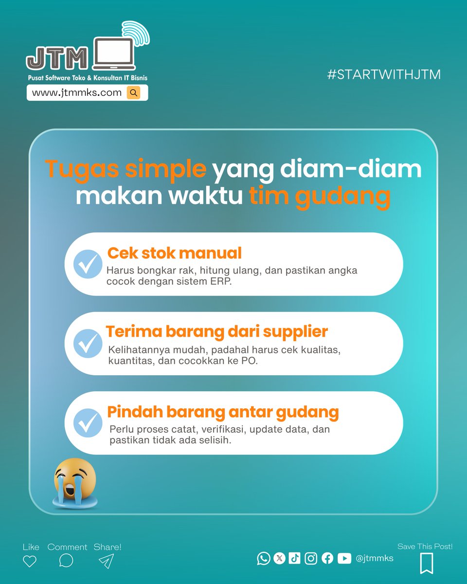 jtmsoftware's tweet photo. Sederhana, tapi bisa makan waktu berhari-hari? Tim finance, sales, dan gudang pasti relate banget 😅

Pekerjaan administratif itu sering “kelihatannya gampang”, tapi pas dikerjakan banyak data yang harus cocok dan butuh approval. Sialnya, kalau masih pakai sistem manual. https://t.co/pCT2h02lOB
