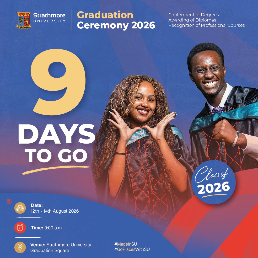 StrathU's tweet photo. The wait is almost over! 🎓
📆Only 9 days until we honour the dreams, determination, and achievements of the #StrathMore #Classof2026.
Get ready to celebrate milestones, memories, and new beginnings.
See you at Graduation Square!
🥳Congratulations #Classof2026
#MadeInSU #GoPlacesWithSU #SUreFuture #DegreeKwaMfuko #DiplomaKwaMfuko