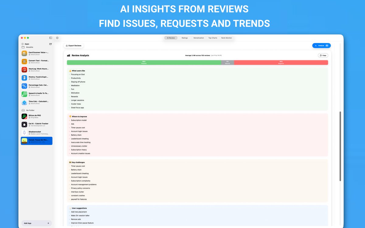 ottorinobruni's tweet photo. Most App Store reviews never get read. That's where the best product ideas are hiding. 💡
AppReview AI analyzes reviews, detects trends, summarizes feedback, and helps you prioritize what users actually want.
https://t.co/XoObFjRhpS
#indiedev #AI #AppStore #buildinpublic https://t.co/Y8DN1gRmwi