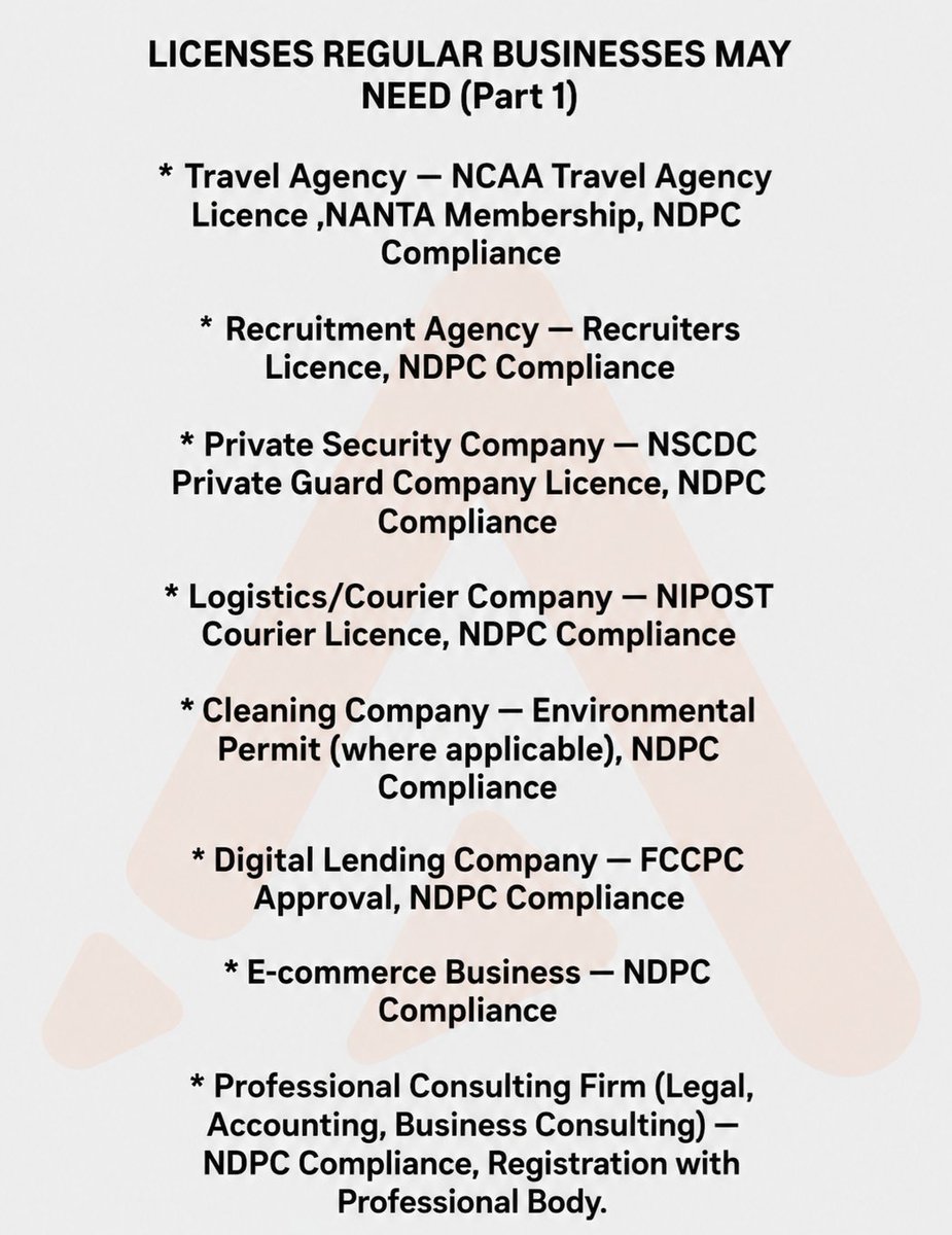 inc_inforine's tweet photo. Is your business fully compliant?

Getting your CAC registration is only the first step. Many businesses require additional licences, approvals, and regulatory compliance to operate legally.

At Inforine, we help businesses secure the right licences and stay compliant. https://t.co/jgaI9ucEq5