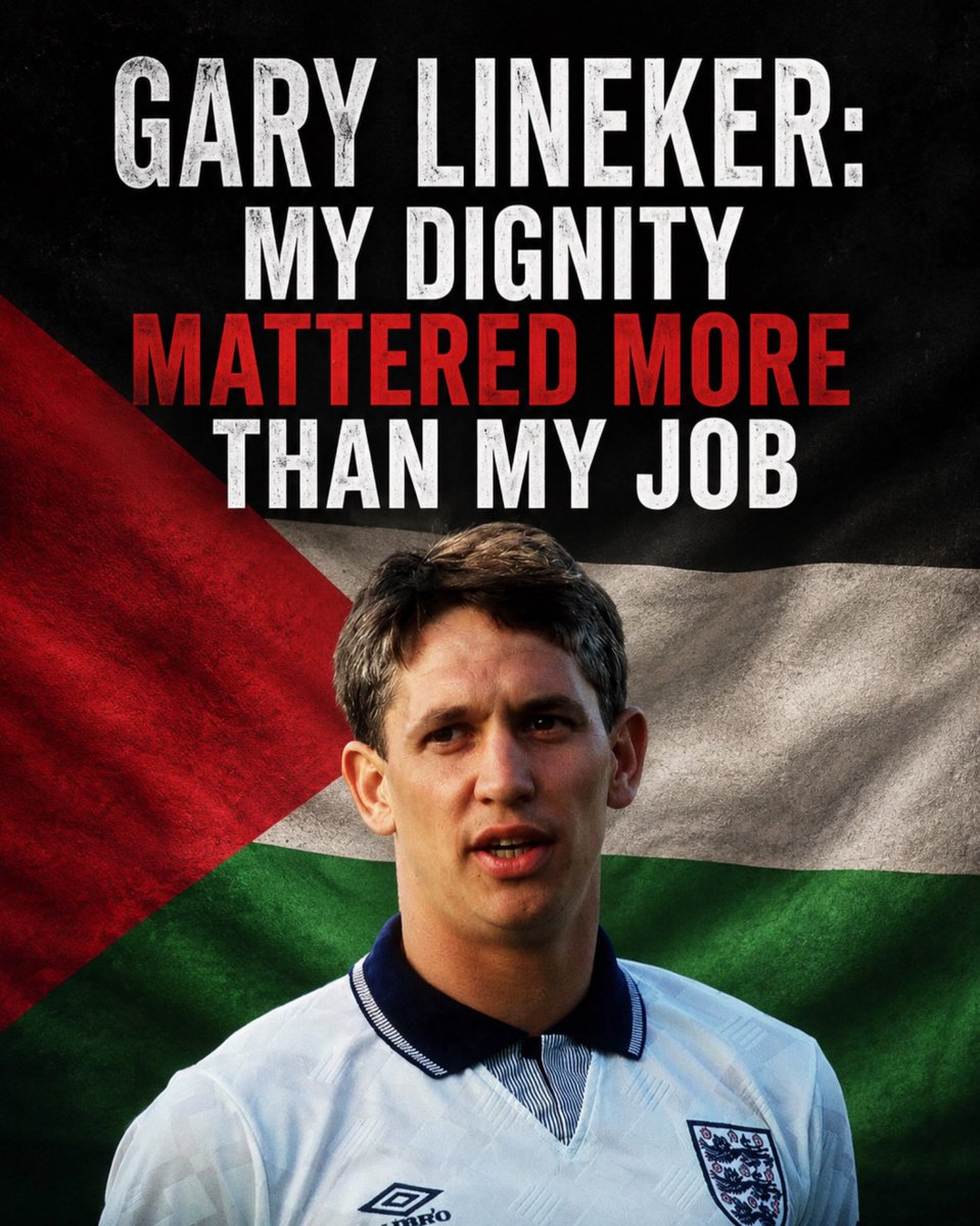 EyeonPalestine's tweet photo. Former England star Gary Lineker:

“Losing my job because of my support for Palestine didn’t matter to me. What mattered was not losing my dignity.” https://t.co/c42OsHRydI