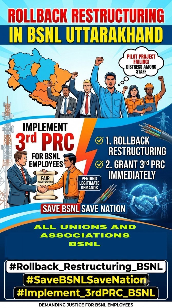 ManishSama91891's tweet photo. @ARJangid2 @CMDBSNL @DoT_India @JM_Scindia A stronger #BSNL cannot be built by weakening its workforce.
Respect employees → Resolve HR issues → Implement 3rd PRC → Strengthen BSNL.
@AUAB5564
@PMOIndia @DoT_India @JM_Scindia @PemmasaniOnx @CMDBSNL
#Rollback_Restructuring_BSNL #SaveBSNLSaveNation #Implement3rdPRC_BSNL https://t.co/OL0Zl04D56