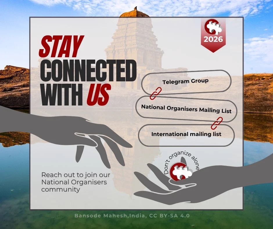 Call to join a National Organisers community: "Stay connected with us" over a temple reflection background, two stylized hands reaching toward each other, and three contact options — Telegram Group, National Organisers Mailing List, International mailing list — with a "Don't organize alone" puzzle