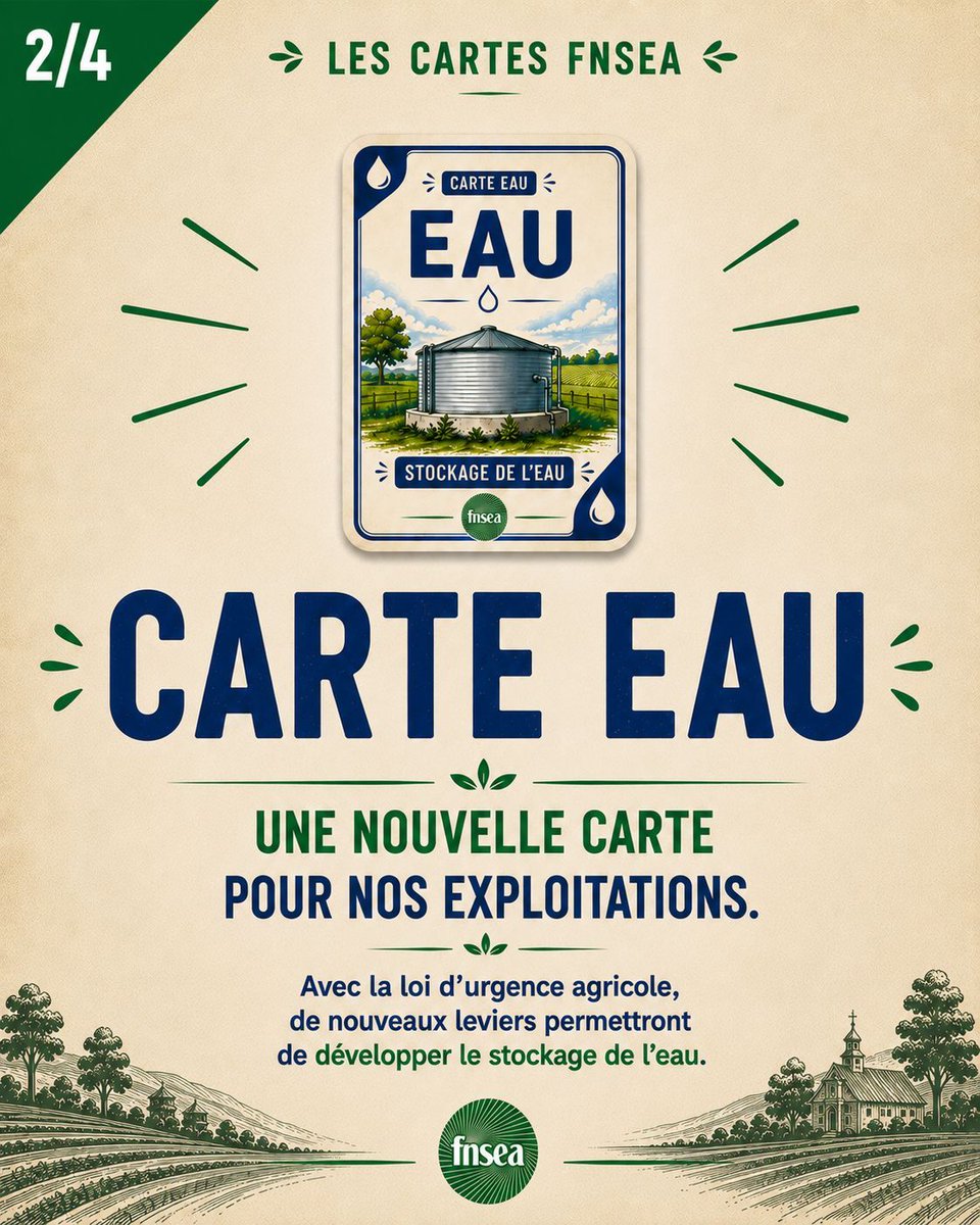 FNSEA's tweet photo. Bonne nouvelle ! Grâce à la loi d'urgence agricole obtenue par la FNSEA, nous avons désormais de nouvelles cartes en main pour répondre concrètement aux urgences sur nos exploitations. À vous de les découvrir, aujourd'hui, la carte « EAU » ! https://t.co/c3n4SoWbGg
