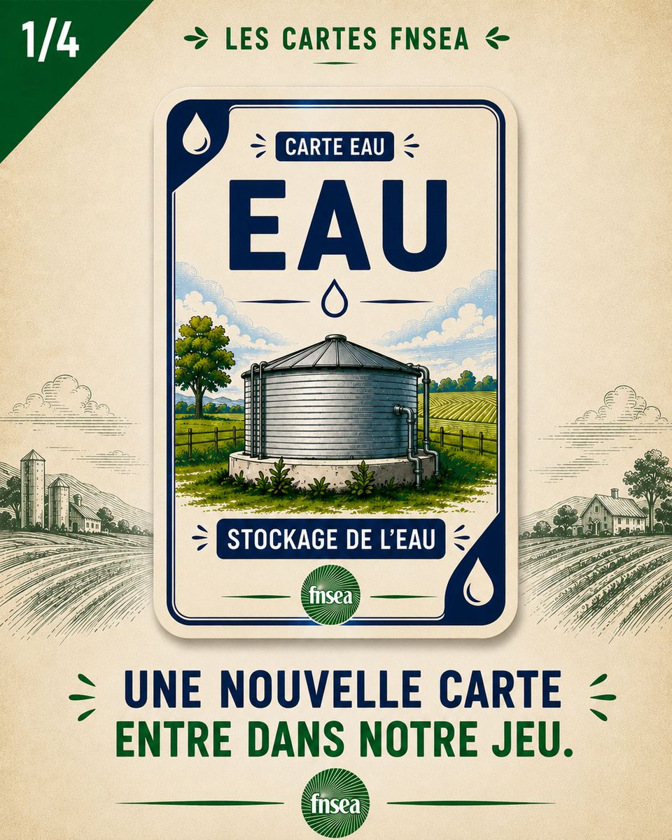 FNSEA's tweet photo. Bonne nouvelle ! Grâce à la loi d'urgence agricole obtenue par la FNSEA, nous avons désormais de nouvelles cartes en main pour répondre concrètement aux urgences sur nos exploitations. À vous de les découvrir, aujourd'hui, la carte « EAU » ! https://t.co/c3n4SoWbGg
