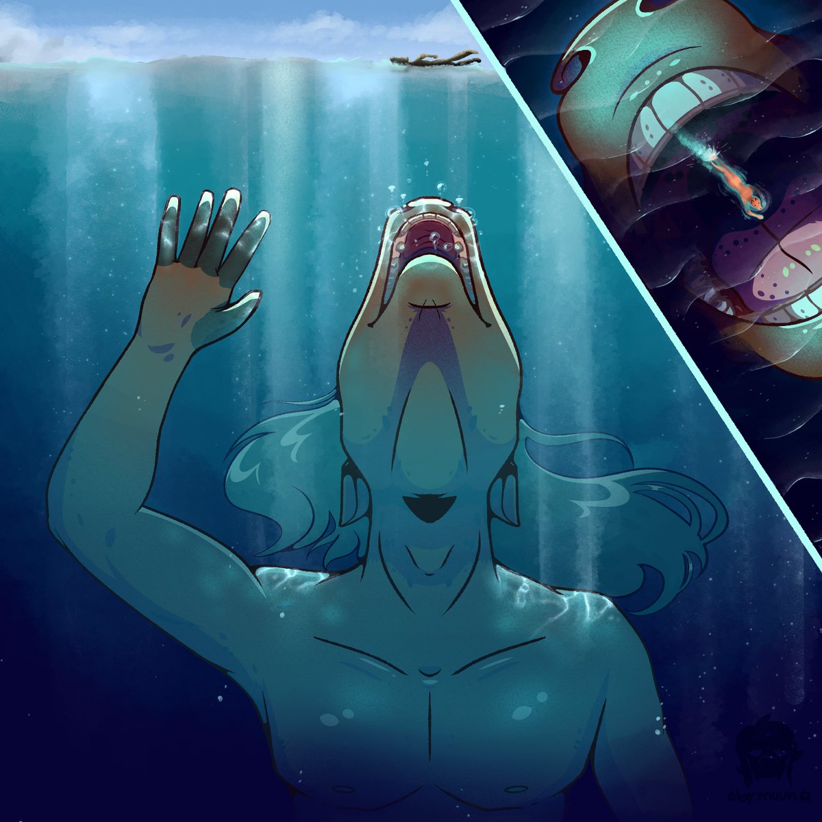 VoretasticBM's tweet photo. Little spoiler at a "work" I finished a while back. Two part comic featuring our friend Juanzilla lurking in the depths... waiting to devour his next meal~ 
I'll post the full version on Thursday!
#vore #furry #furryvore #macro #micro #vorephilia #vorefetish https://t.co/ypawVYwR34
