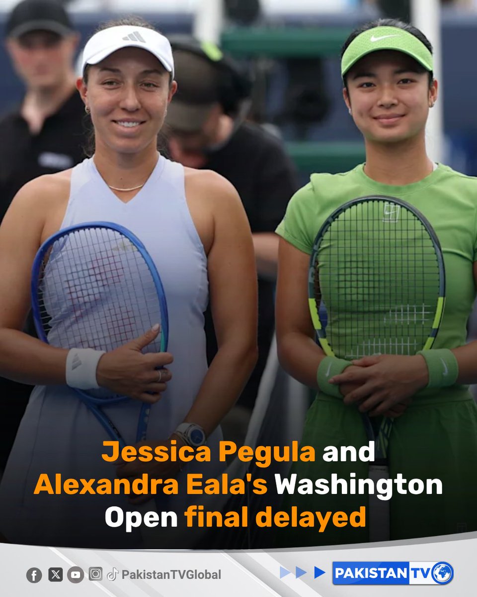 PakTVGlobal's tweet photo. World number three Jessica Pegula and rising star Alexandra Eala will resume the Washington Open final on Monday after thunderstorms suspended play, with Pegula leading by a set and Eala ahead 2-1 in the second.
#WashingtonOpen #JessicaPegula #AlexandraEala #Tennis #PakistanTV https://t.co/yddbaR0542