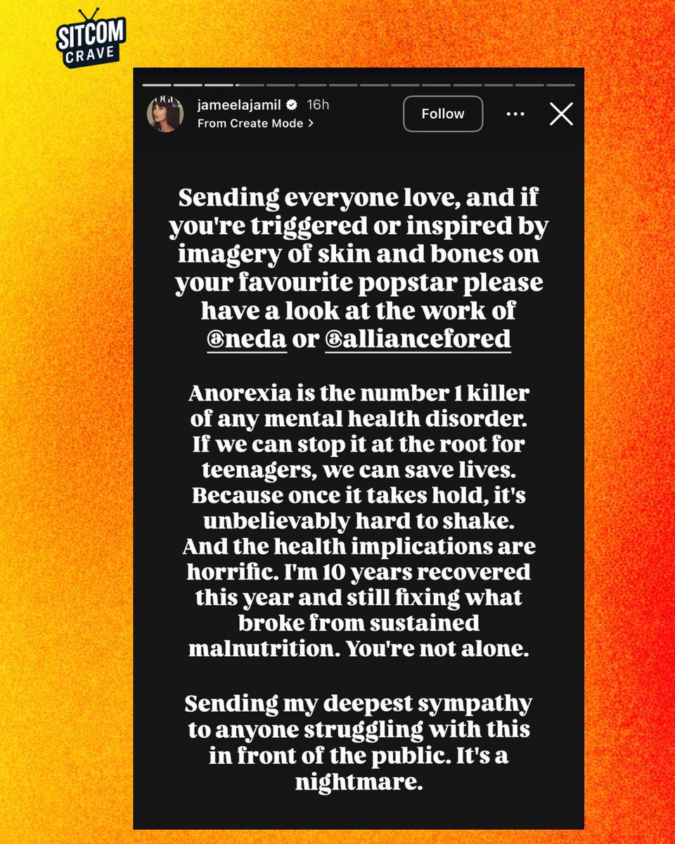 sitcomcrave's tweet photo. Jameela Jamil follows up her stance on Ariana Grande’s situation by citing the effect society’s normalization of anorexia in pop stars has on teenage girls,using the gap in access to medical care between pop stars and fans to make her point.

“I think it's worth considering that the pop star in question has access to a lot of mental health care and the best facilities on the planet, where as the fans watching, largely don't.

Many have no support system equipped to handle the deadly clutches of anorexia. Her most recent images are flooding pro-anorexia websites and teenage girls are saying "goals."."