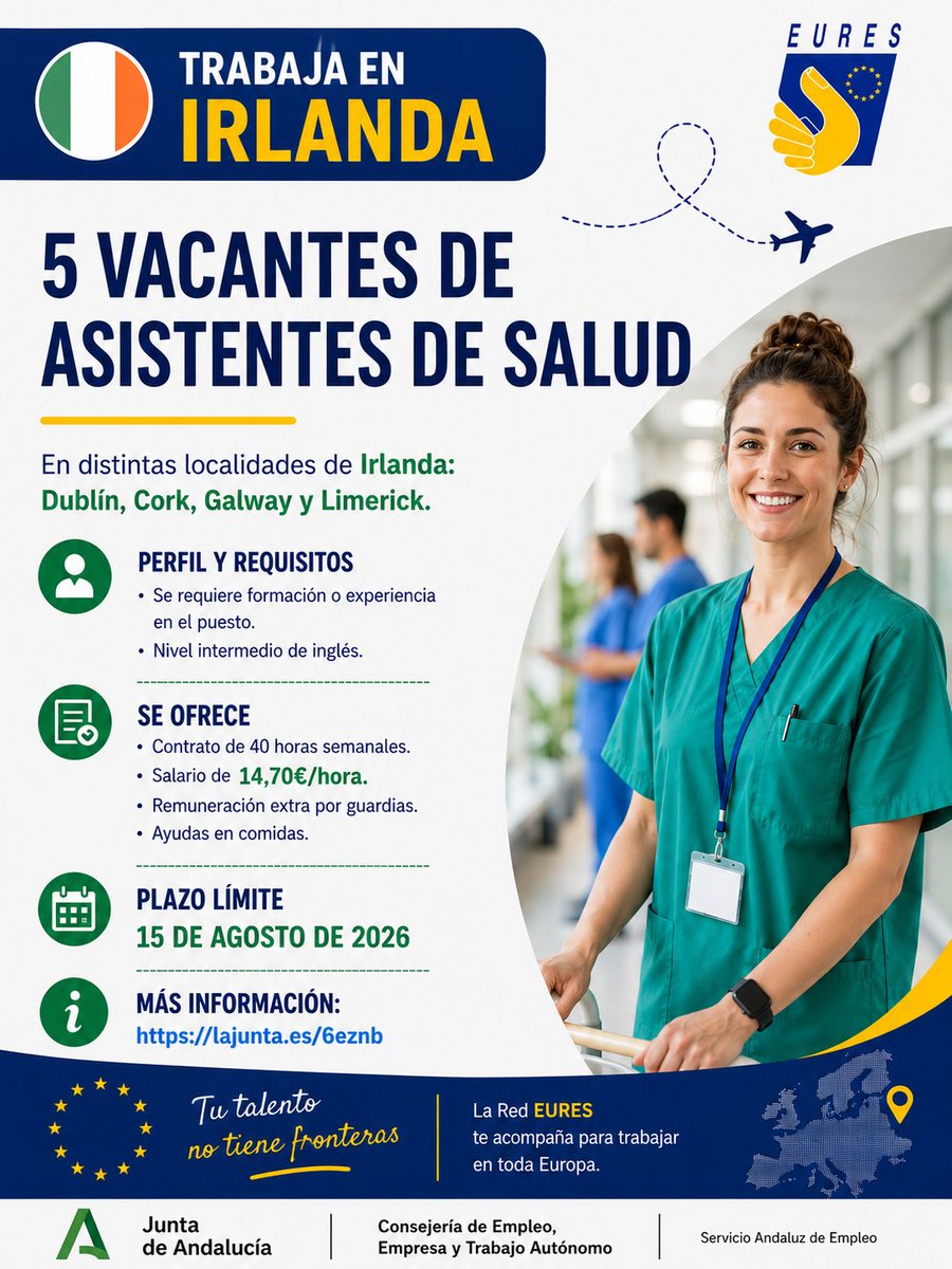 SAEmpleo's tweet photo. 🇮🇪👩⚕️ Proceso de selección para cubrir 5 vacantes de asistentes de salud en Irlanda.
📍 Dublín, Cork, Galway y Limerick
💶 14,70 €/h
⏰ 40h semanales
➕ Plus por guardias
🍽 Ayudas en comidas
📅 Hasta el 15/08
🔗 https://t.co/ODJxIBe6bf
#EURES #SAE #Irlanda #Sanidad #Empleo https://t.co/HDKzIr6VTV