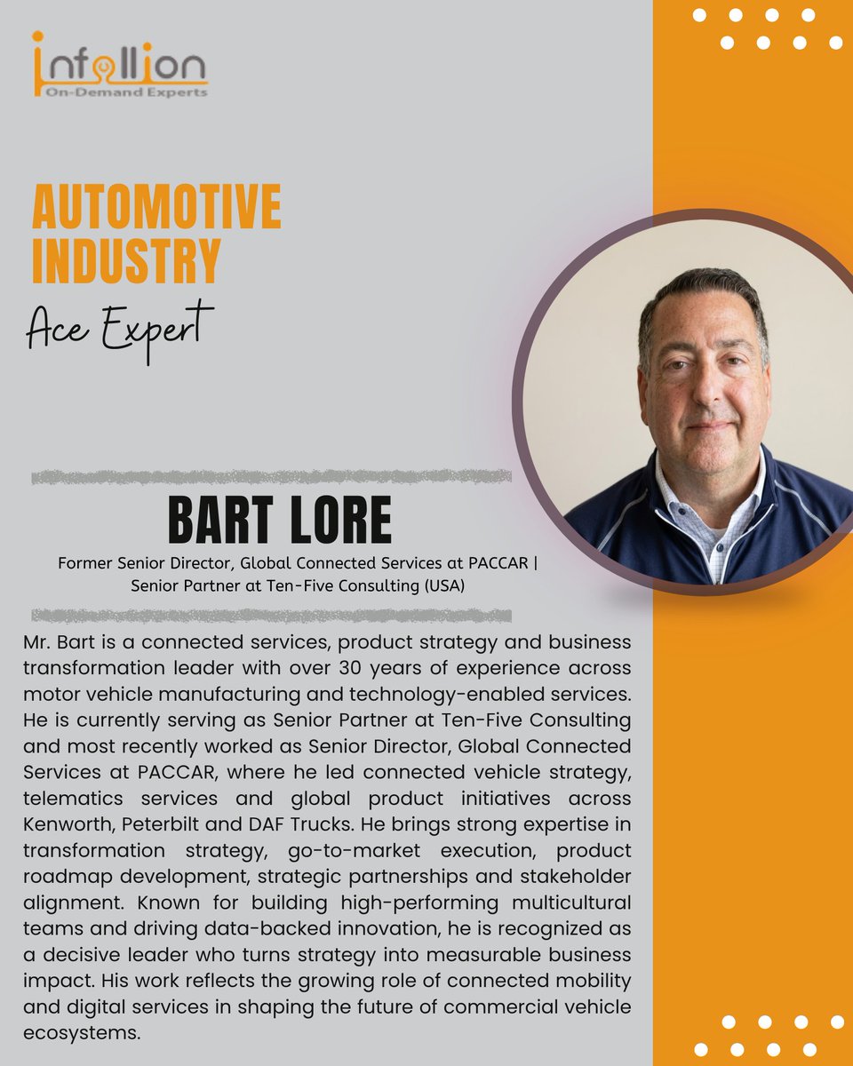 infollion's tweet photo. Driving the future of mobility with connected innovation. 🚛⚙️
Featuring Mr. Bart Lore- bringing deep expertise in connected services, product strategy and business transformation across the commercial vehicle industry.
#Mobility #ConnectedVehicles #Automotive #Leadership https://t.co/LvjD5RWXsm