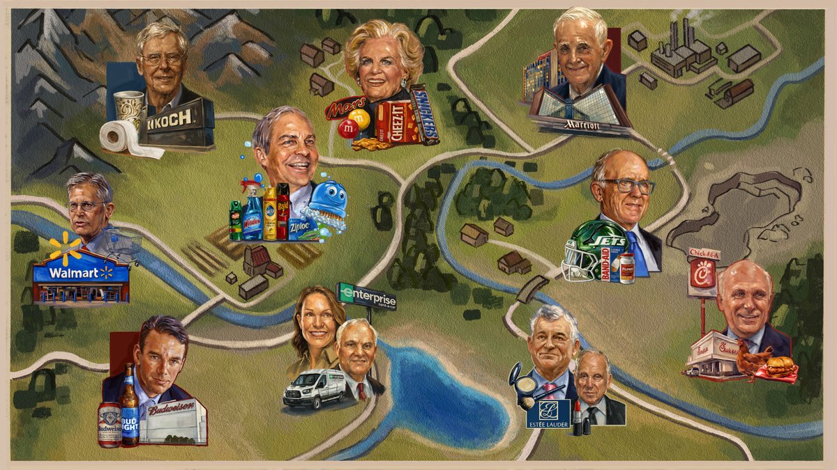 Forbes's tweet photo. See inside Forbes’ definitive ranking of America’s wealthiest families—from Waltons to Rockefellers—here: https://t.co/SQMFhLfgRx

Illustration: Robert Bruno for Forbes
#ForbesDecabillionaires https://t.co/oE0yXUzzjb