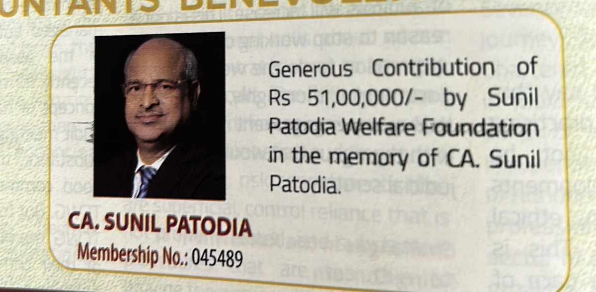 atulmodani's tweet photo. Donation to #ICAI's Chartered Accountant Benevolent Fund.

Sunil Patodia Welfare Foundation has donated Rs. 51 Lakhs in the memory of Late Central Counil Member of #ICAI @CAsunilpatodia Sir.

Sir was a gem and his legacy is now carried by his family after his painful early exit from this world.