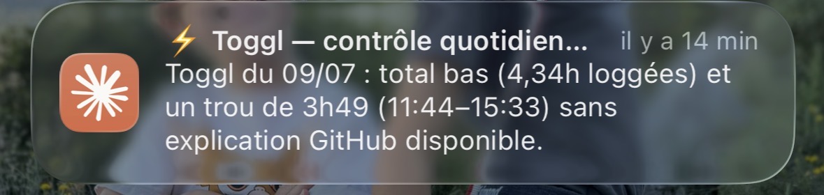 nicolasrouanne's tweet photo. Mon Toggl tenu à la main: timers oubliés, entrées sans client, trous. Maintenant une routine Claude Code cloud reconstitue mes journées depuis Toggl, GitHub, mon agenda et un capteur local sans LLM. La v1 LLM locale a tenu trois jours 😅 https://t.co/pP7Gkpichp
