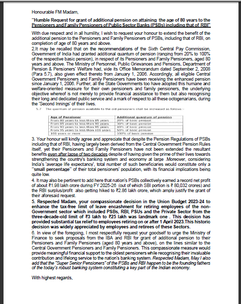 vkmanchanda56's tweet photo. @nsitharaman Respected Madam,Please find enclosed request for grant of additional pension on attaining age of 80 years to Pensioners n Family Pensioners of PSBs n RBI for your kind consideration similar to CG Pensioners n Family Pensioners @IBA_org_in @RBI @FinMinIndia @PMOIndia https://t.co/ez0LzLSavh