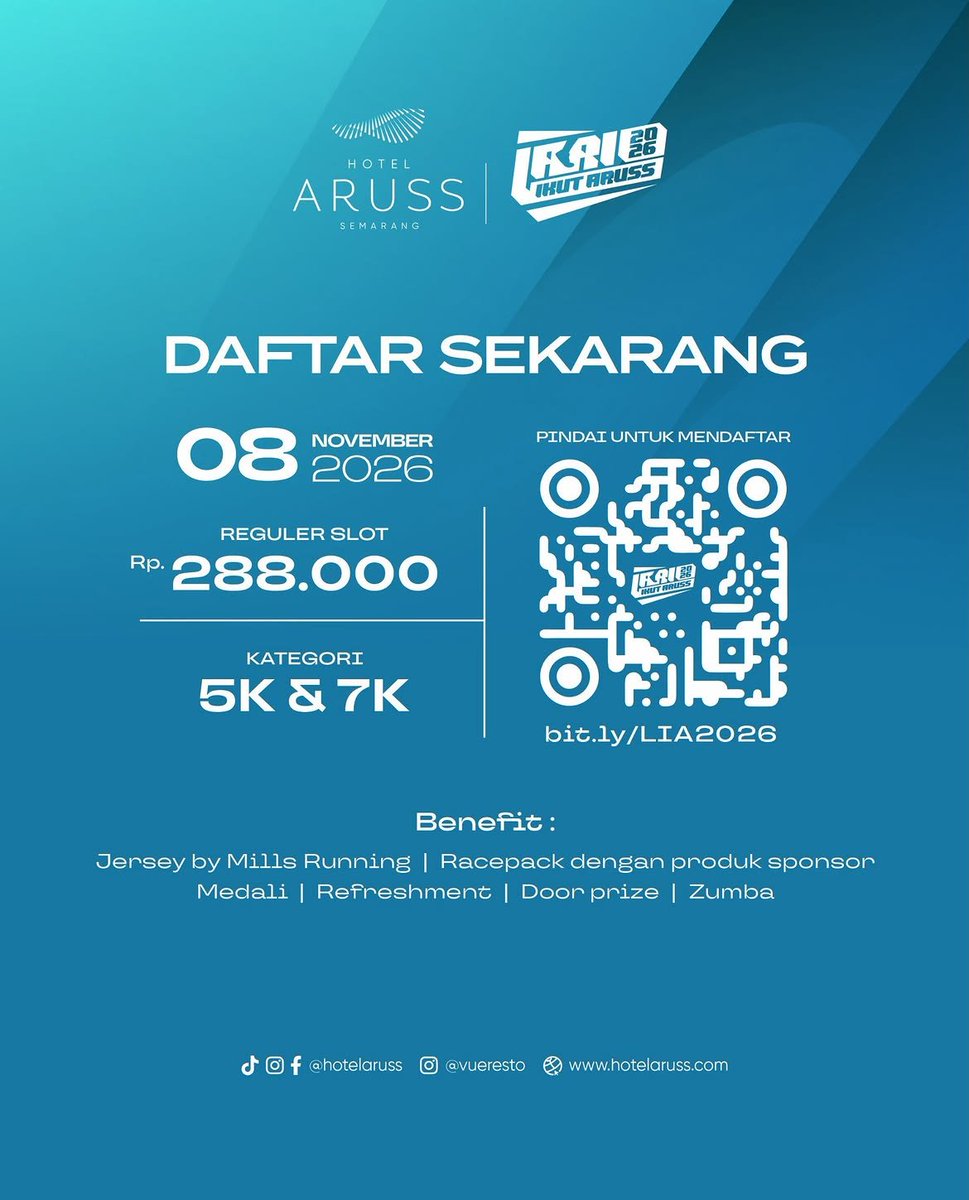 JadwalLari's tweet photo. 👟Lari Ikut ARUSS 2026
🗓️Minggu, 8 November 2026
🏃♂️5K dan 7K
🏠Hotel Aruss Semarang, Jl. Dr. Wahidin No.116, Candisari, Semarang, Jawa Tengah
#JadwalLari #FunRun #InfoLariSemarang #EventLariSemarang #LariIkutAruss2026 https://t.co/x1t99Q7YVv