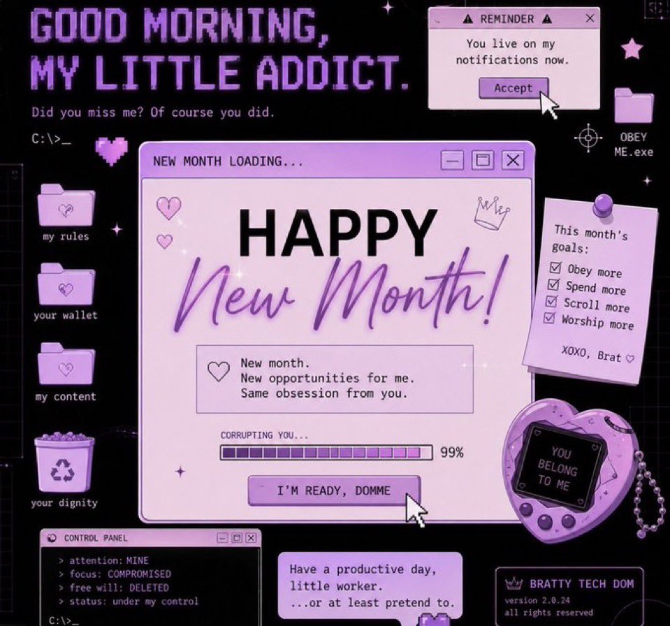 glitchgoddess9's tweet photo. Good morning.

Your screen time report is ready.

It says you’re spending way too much time thinking about me.

Happy New Month. 🎀

Now prove you’re active:

♡ = online
🔁 = infected
💬 = completely compromised https://t.co/RBR2vYplNc