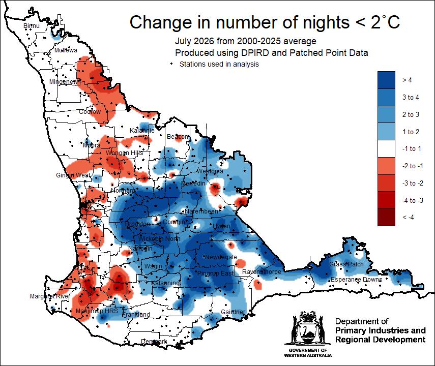 MeredithGuthr15's tweet photo. @DPIRDbroadacre Seasonal Climate Outlook for August 2026 is now available on the DPIRD website https://t.co/QfulvfB6Oe
Information such as the number of nights below in July  from the 2000-2025 average. (Lake King 18 nights, 10 more than the average.  #climate https://t.co/dG9V63qZBn