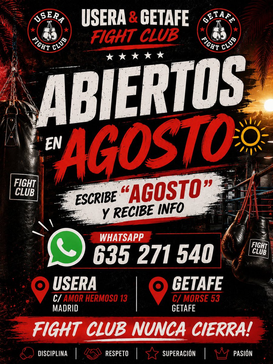 PMartinez_Coach's tweet photo. AGOSTO ABIERTO 🔓 

Ven a conocernos y entrena sin problema alguno este mes de AGOSTO nosotros nunca cerramos!

Escríbenos en WhatsApp 635271540 y recibe toda la información necesaria además podrás reservar 1 CLASE GRATIS 🥊🥋

C/Amor hermoso 13 #Usera

C/Morse 53 #Getafe https://t.co/IURP9vYsw7