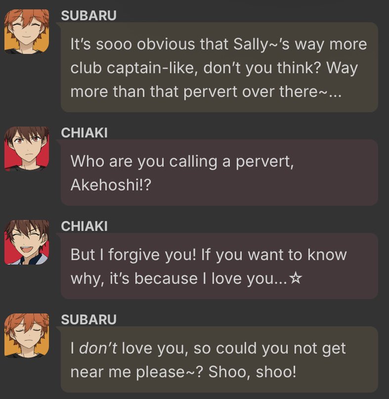 crystalisr_'s tweet photo. @SHIH0THEWRLD I like when Subaru insults Chiaki. https://t.co/i7N5G5Ir1f