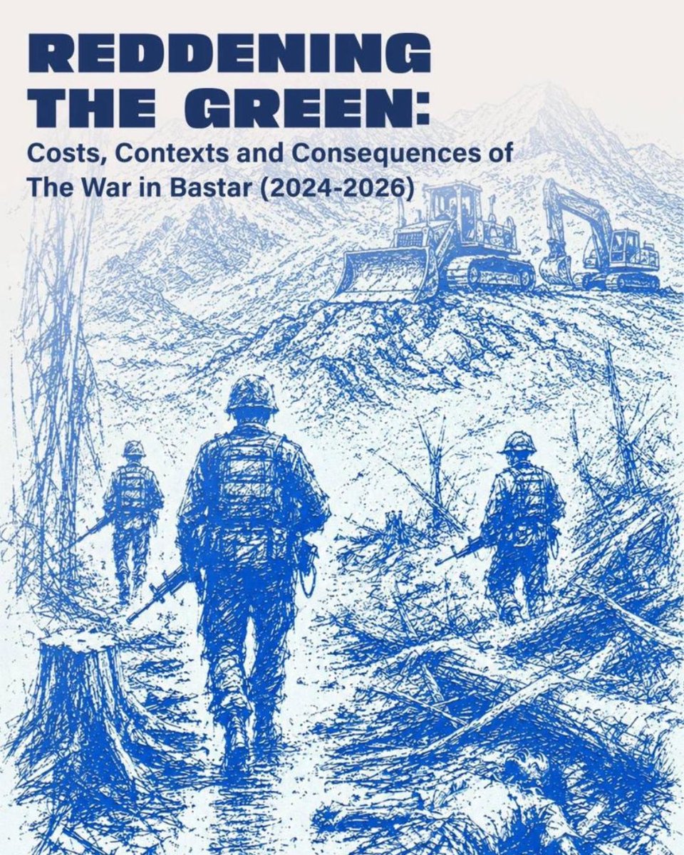 PUDR_Delhi's tweet photo. Our report ‘Reddening the Green’ raises unanswered questions on State accountability in pursuit of a policy of militarization, and the accompanying context of mining, dispossession and violations of Adivasi rights under the Fifth Schedule, PESA and FRA https://t.co/u7BZwNal8y https://t.co/J3ONBn0fQV